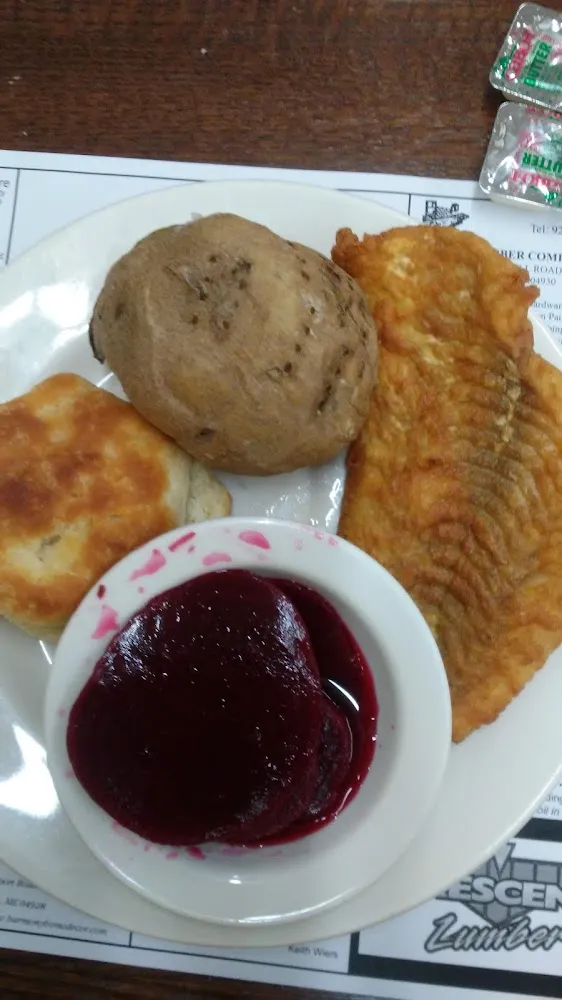 Baked Potato Lite Serving Fried Haddock Biscuit and Pickled Beets